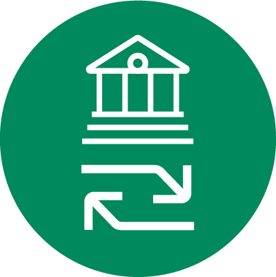 icon of school with arrow pointing both directions