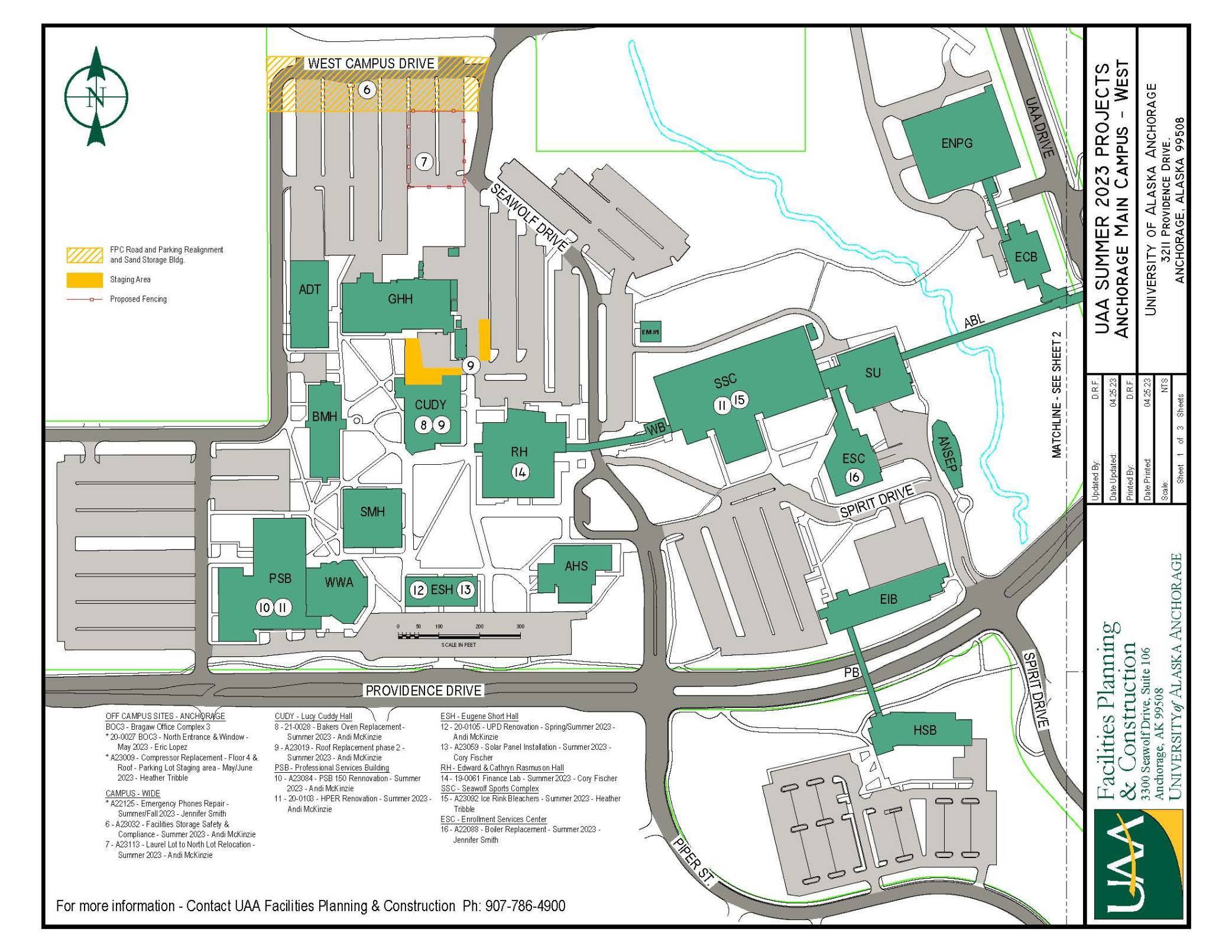 Map of UAA west campus with 2023 summer projects noted