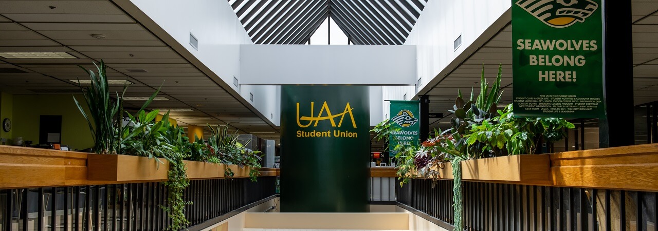 Student Union Lobby at the top of a set of stairs