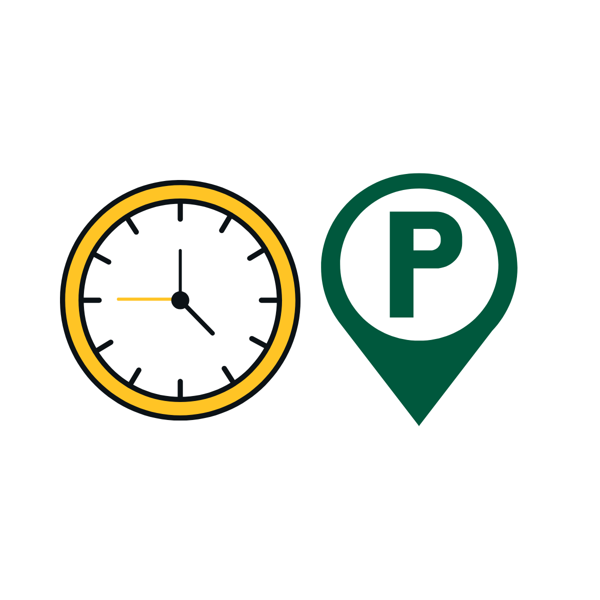 This is an image of a yellow trimmed clock (cartoon style) with a parking symbol next to it in UAA green color.