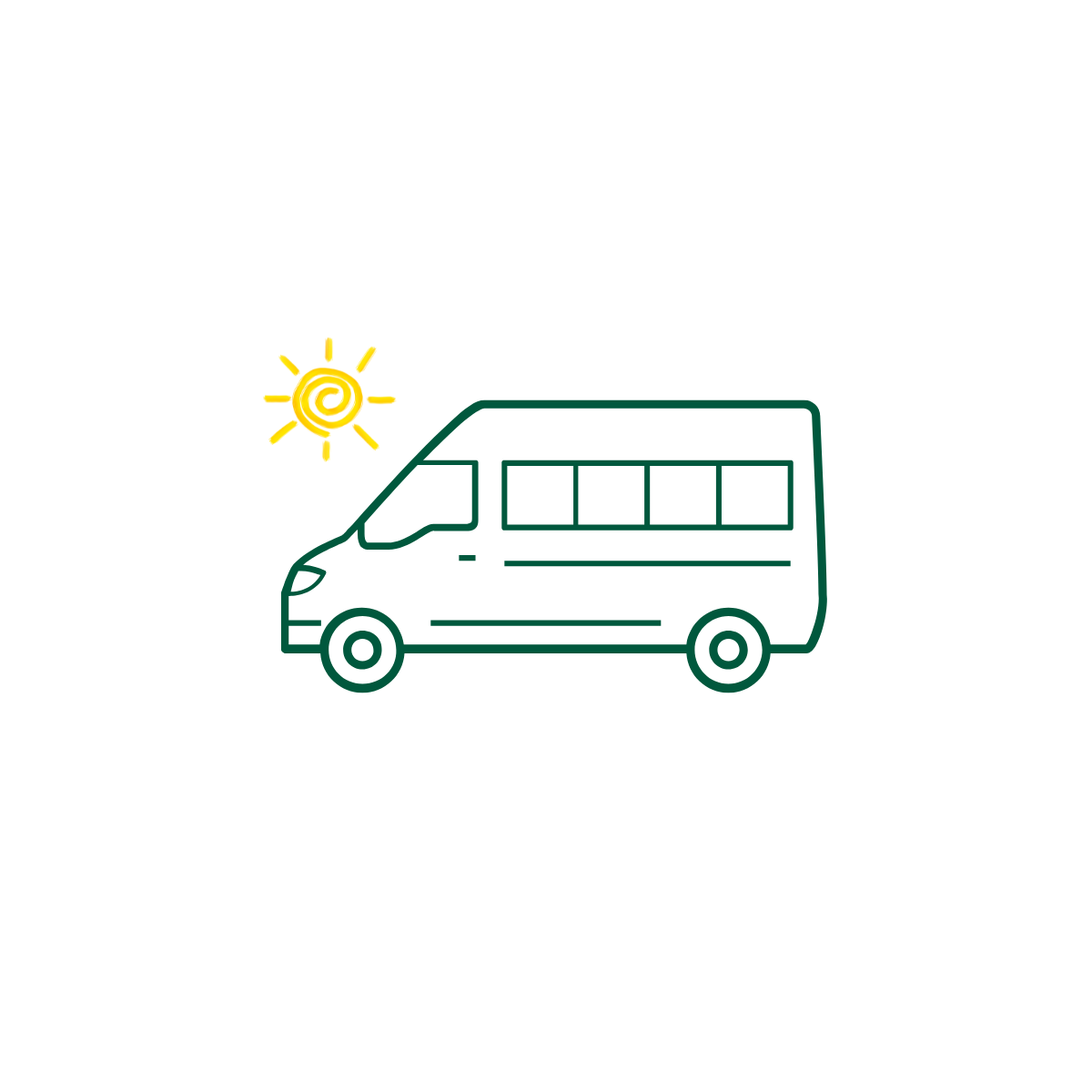 a cartoon of a green lined shuttle bus with a yellow cartoon sun