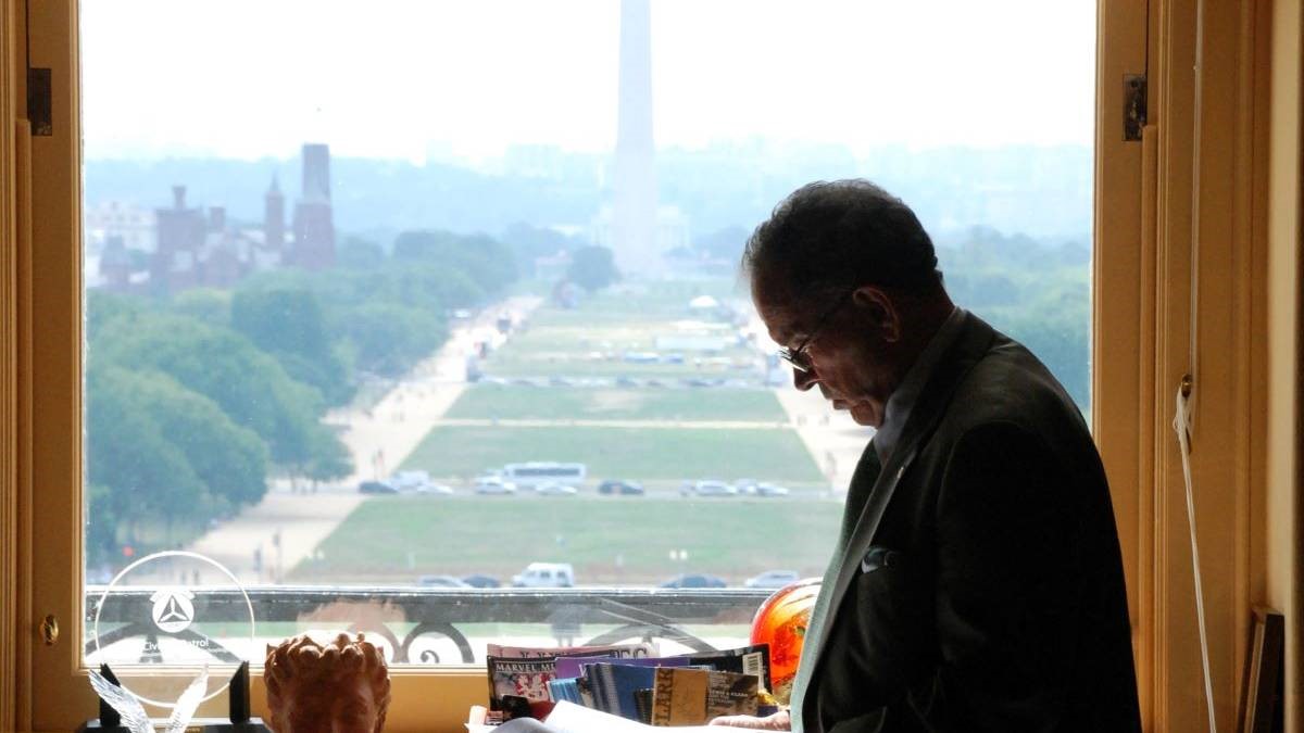 a view of the Washington Monument from Ted Stevens' office window