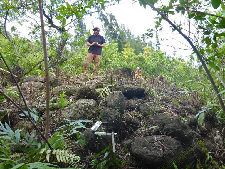 man standing on top of lava rock in hawaiian forest