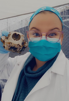 Maggie Gibson holding sea otter skull being processed