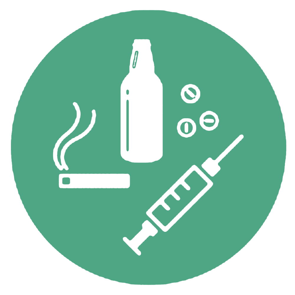 a bottle, pills, syringe, and cigarette