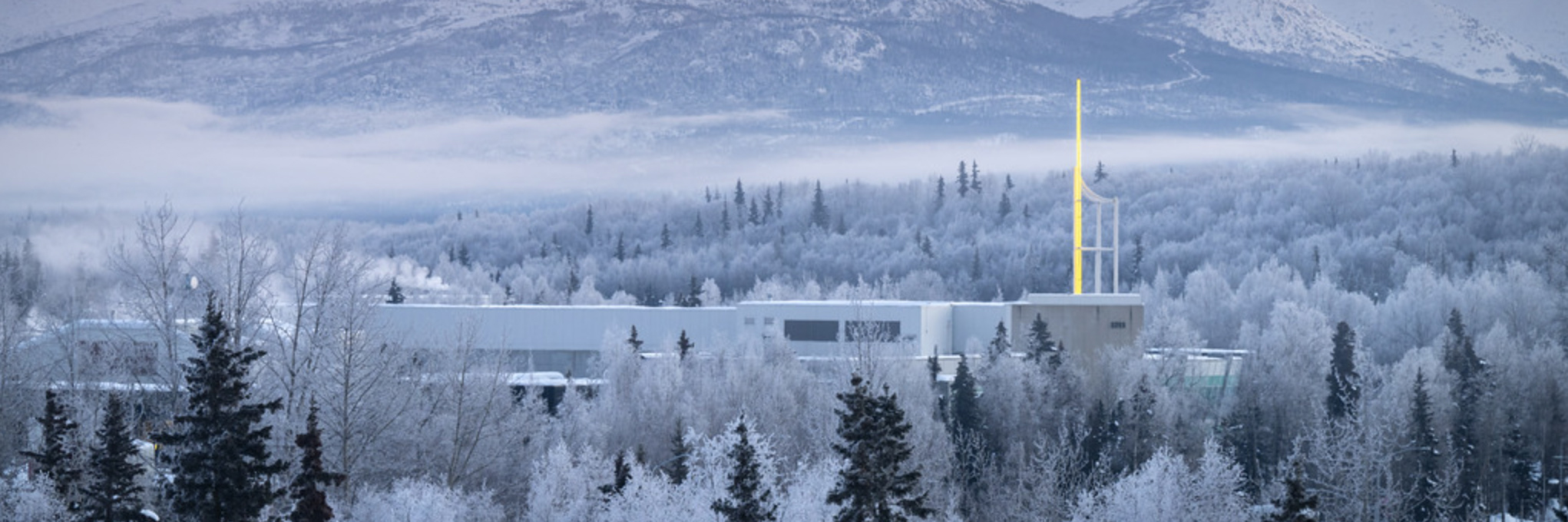 building surrounded by trees and mountains covered in snow 