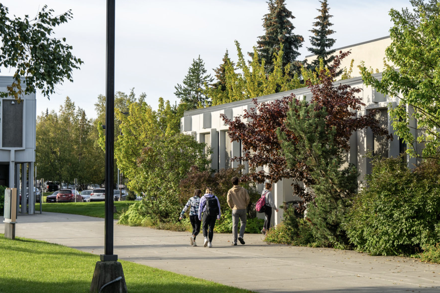 students walking on path by building