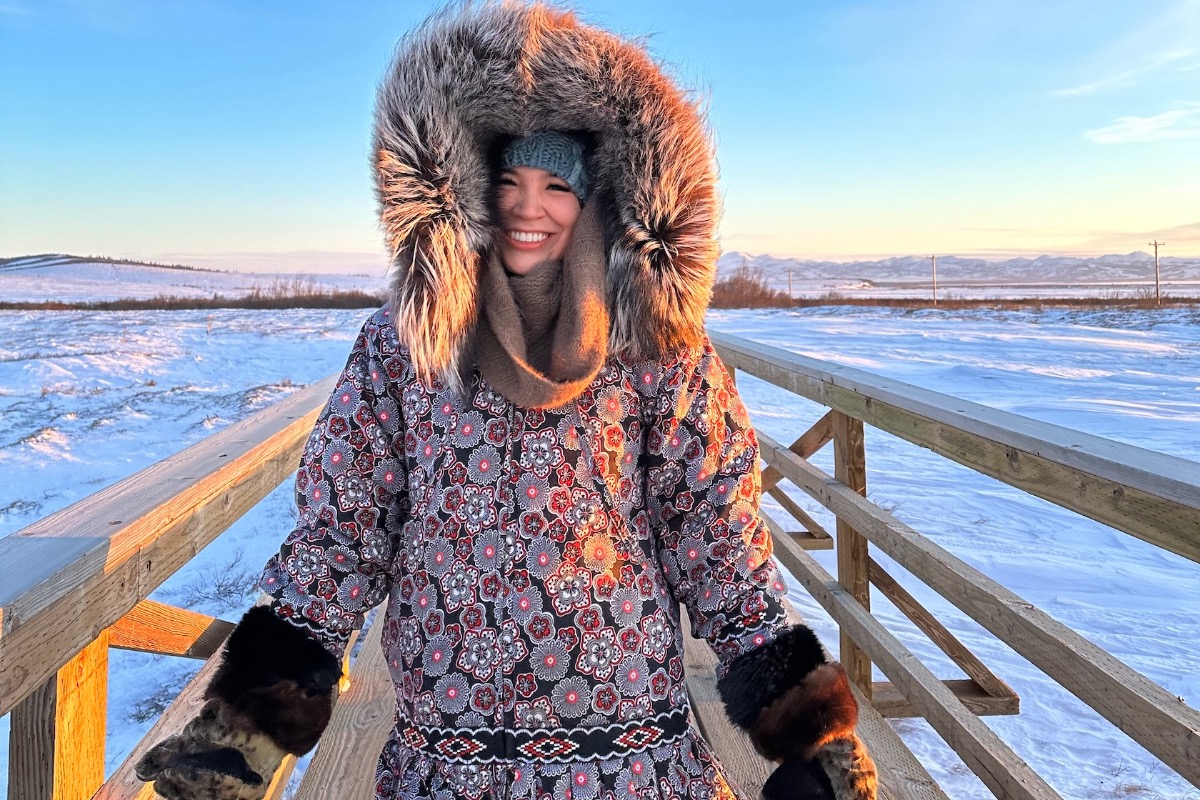 Savannah Ivanoff wearing traditional Alaska Native clothing in Unalakleet