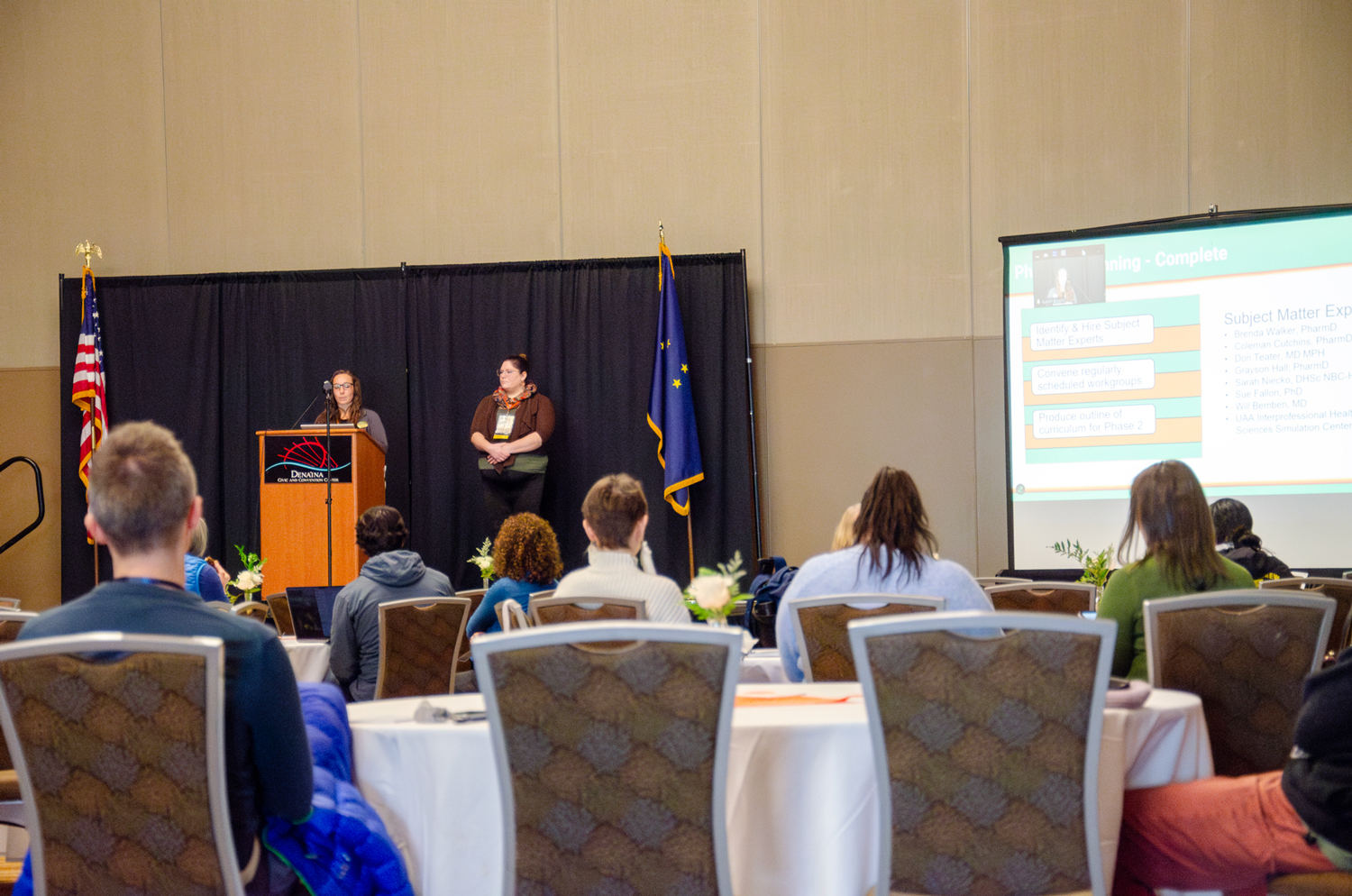 Gloria Burnett and Katy Wright share insights on building a statewide academic detailing network to combat substance use disorders at the ALPHA Health Summit. (Photo by Kevin Bennett, UAA Alaska Center for Rural Health & Health Workforce)