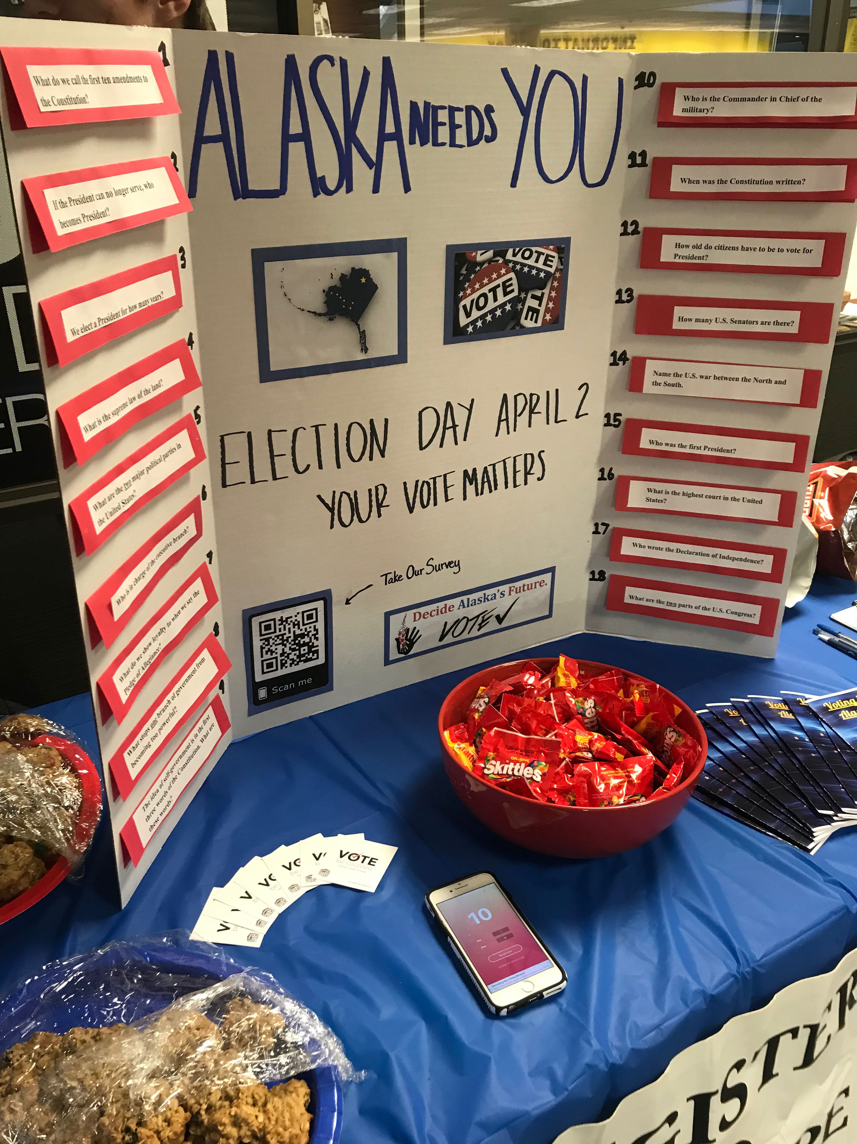 An informational board with voter registration information