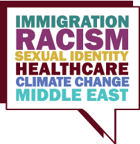 Speech bubble with the following controversal words: immigration, racism, sexual identity, healthcare, climate change, middle east