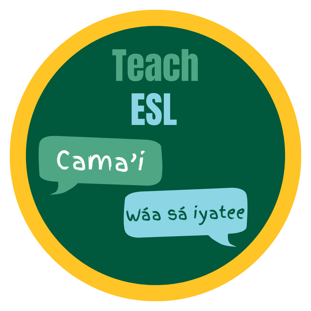 Two speech bubbles in Alutiiq and Tlingit languages with the text ‘Teach ESL’ on a green background