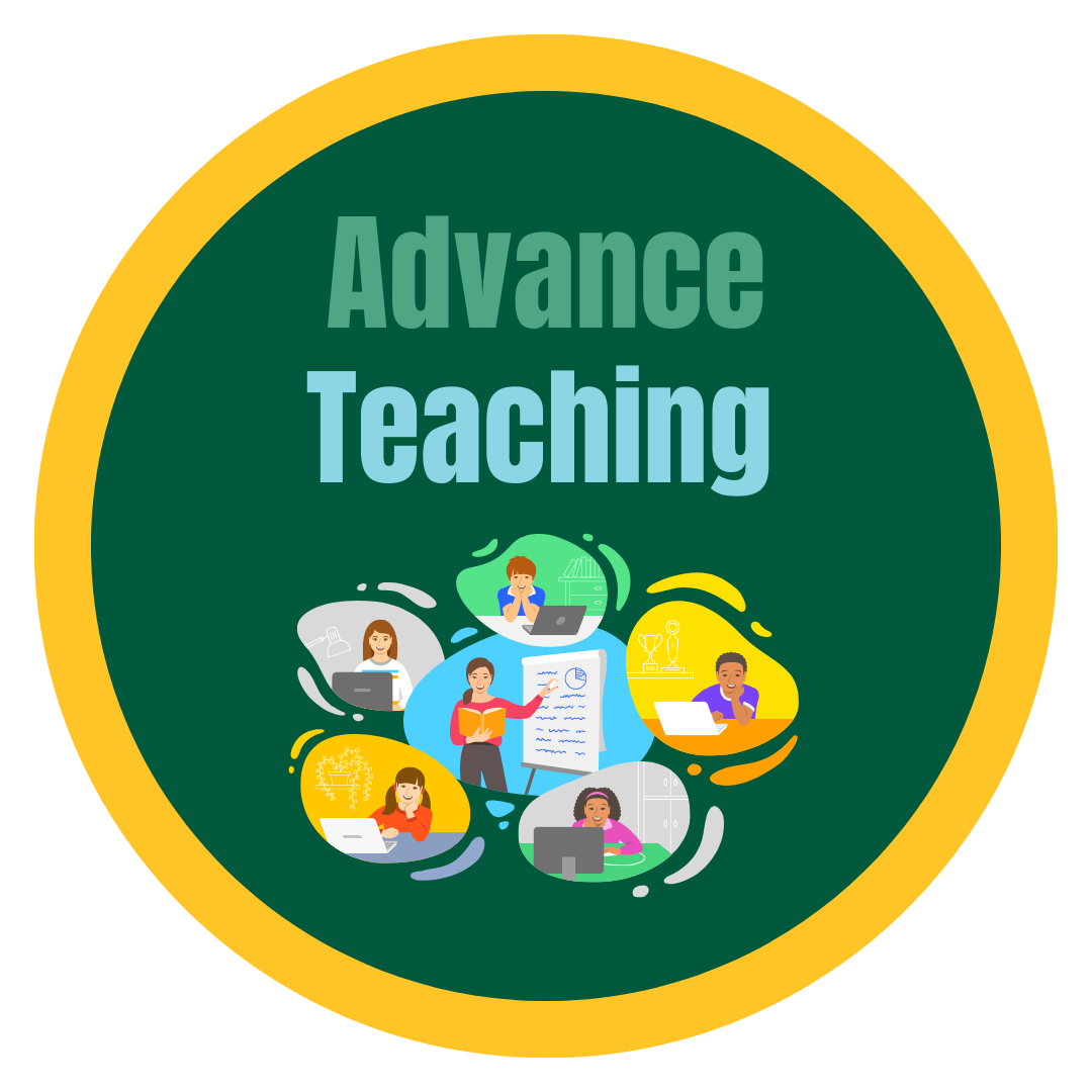 Illustration of teachers engaging with different educational tools and the text ‘Advance Teaching’ on a green background