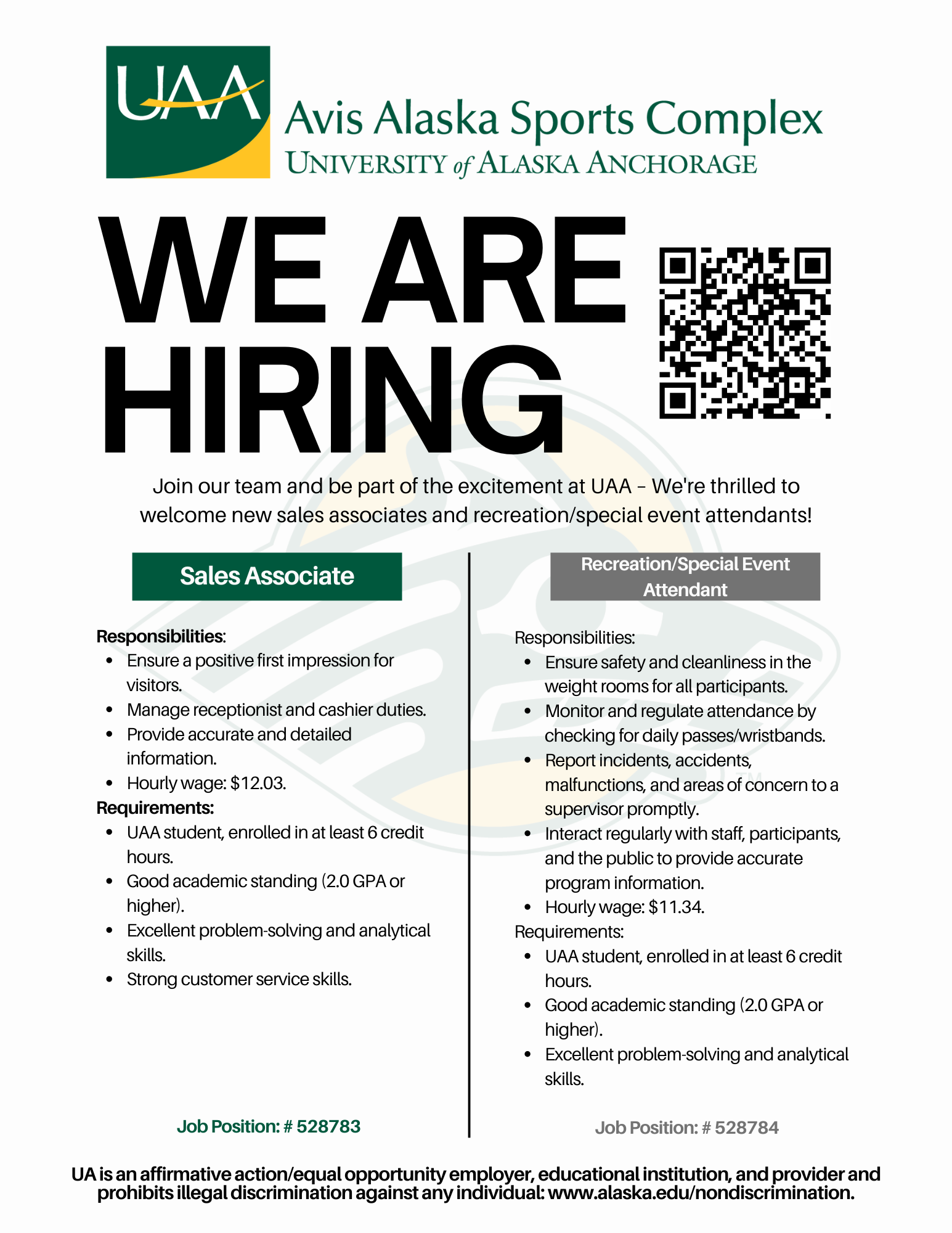 Job Flyer 2024 for sales associate and recreation attendant