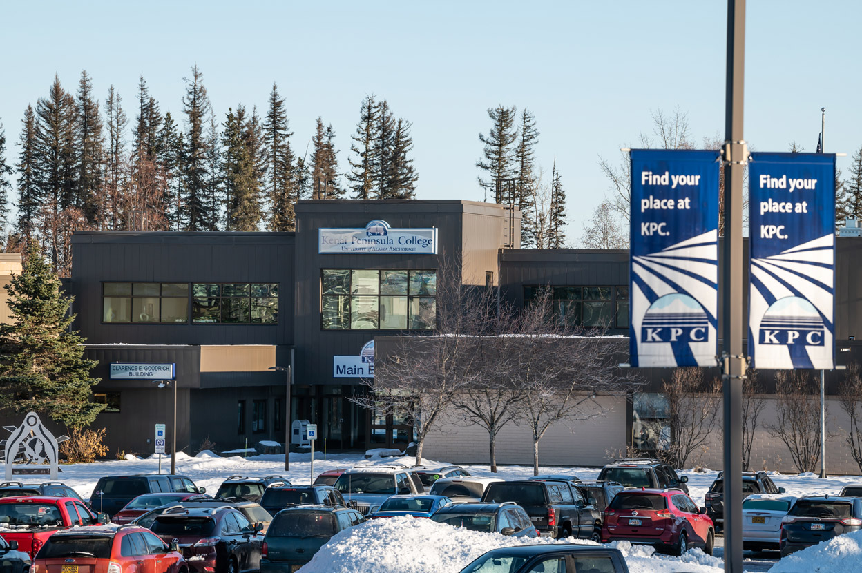 Kenai Peninsula College main entrance and parking lot