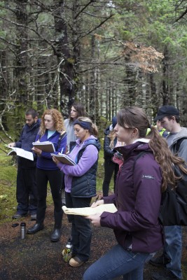 Students learn about tree coring and dendrochronolgy on the Moraine Trail outside the Begich-Boggs Visitor's Center (Photo by Philip Hall / University of Alaska Anchorage). 