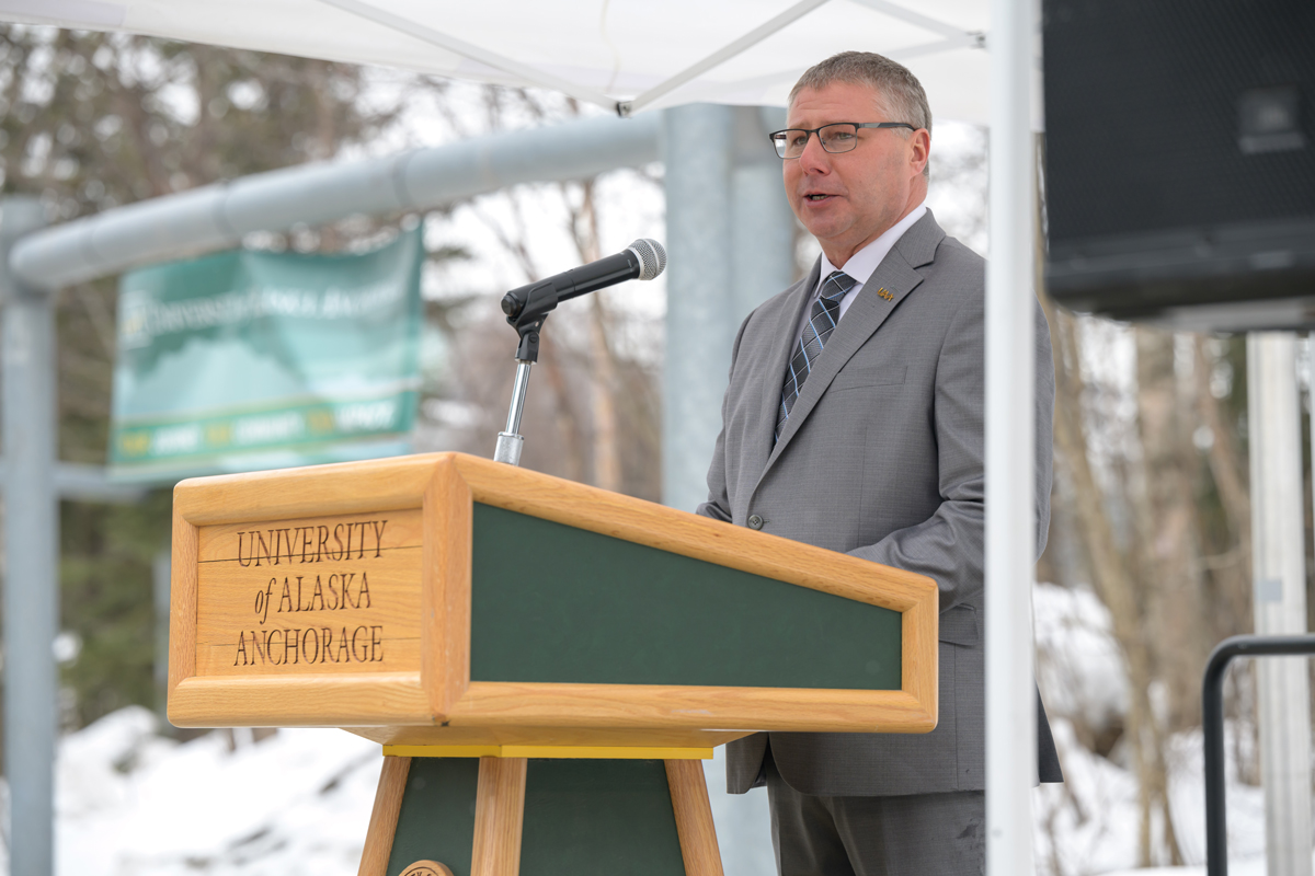 Principal investigator for ADAC Jeff Libby speaks during the ribbon cutting celebration for UAA's new ADAC-ARCTIC Center of Excellence for Homeland Security in the Arctic at the UAA/APU Consortium Library.