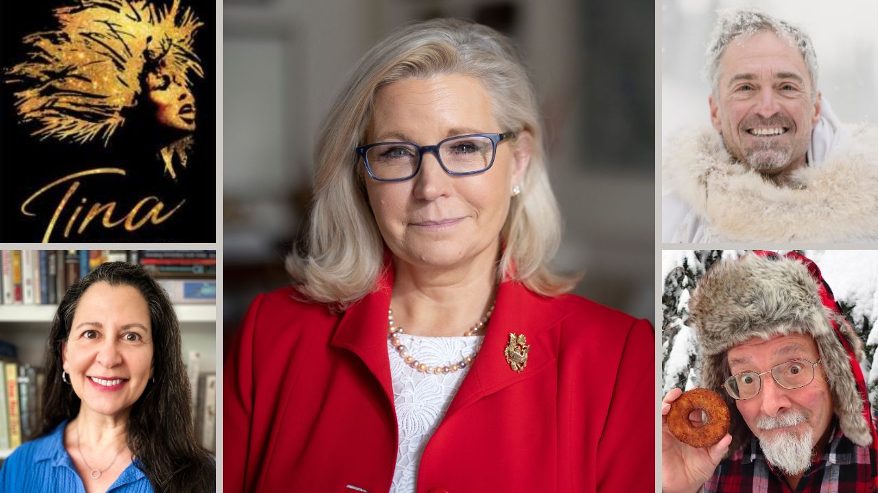 Speakers for the 2024-25 community lecture series (clockwise from top left): Tina cast and crew, Liz Cheney, Seth Kantner, Mr. Whitekeys and Melissa Block.