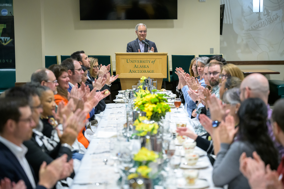 Chancellor Sean Parnell speaks during UAA's 2024 Chancellor's Awards for Excellence Luncheon.