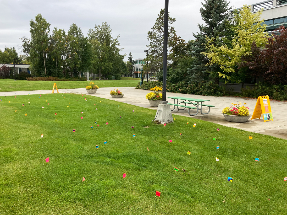 Helper Flags made in conjunction with Suicide Awareness Prevention Month on UAA's Cuddy Quad.