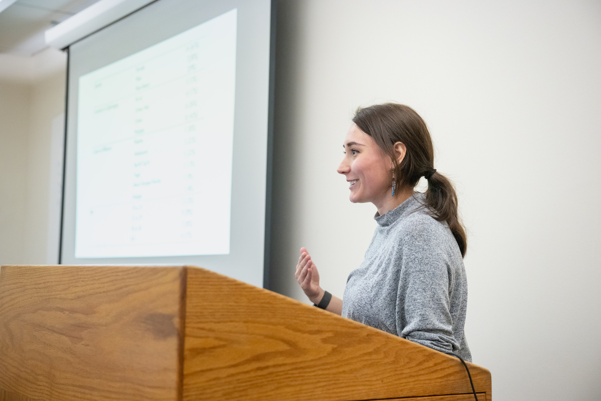 Clinical-community psychology alumna and Alaska Natives into Psychology (ANPsych) Program advisory board member Jacy Hutchinson discusses her research on Alaska Native Narratives on Internalized Oppression and Resistance in UAA's Social Sciences Building during her presentation for the ANPsych Speaker Series.