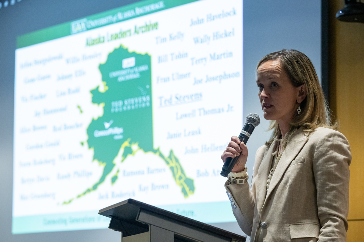 Lily Stevens Becker, Sen. Stevens’ daughter and executive director of the Ted Stevens Foundation, speaks as UAA announces a $2 million donation from ConocoPhillips Alaska to the Ted Stevens Foundation to create the Alaska Leaders Archive at the UAA/APU Consortium Library.