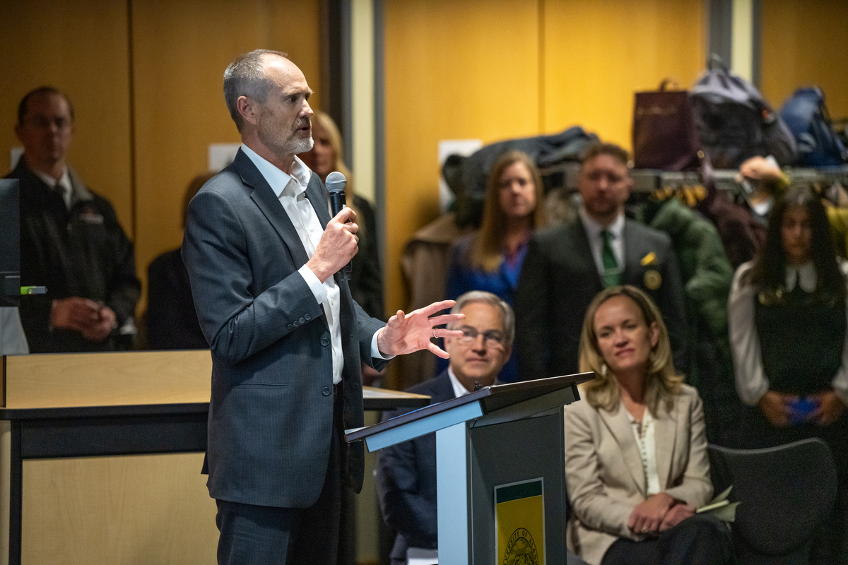 ConocoPhillips Alaska President Erec Isaacson speaks as UAA announces a $2 million donation from ConocoPhillips Alaska to the Ted Stevens Foundation to create the Alaska Leaders Archive at the UAA/APU Consortium Library.