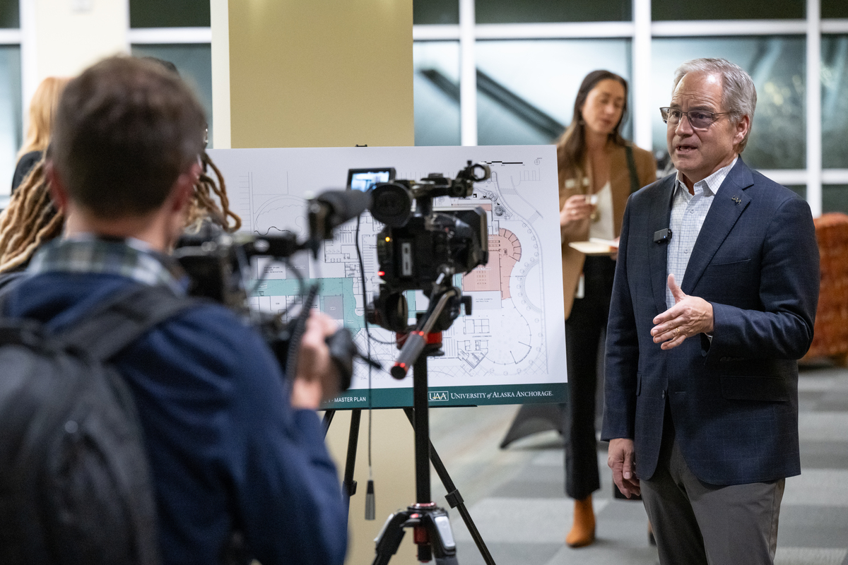 Chancellor Sean Parnell speaks to reporters as UAA announces a $2 million donation from ConocoPhillips Alaska to the Ted Stevens Foundation to create the Alaska Leaders Archive at the UAA/APU Consortium Library.