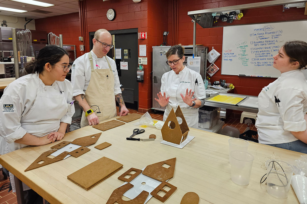 From left: student Tia Patrick, faculty chef Lukas Doherty, associate professor Kellie Puff and bakery lab aide Paislee Harbour.