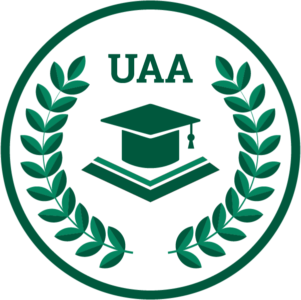 Icon of badge with laurels and mortarboard.